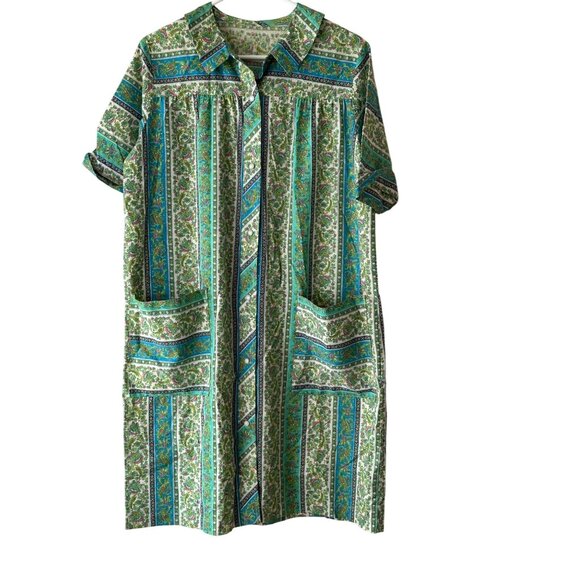 Vintage Green & Blue Floral Stripe House Dress Pockets Button Front Kaftan Sz M - Picture 1 of 8